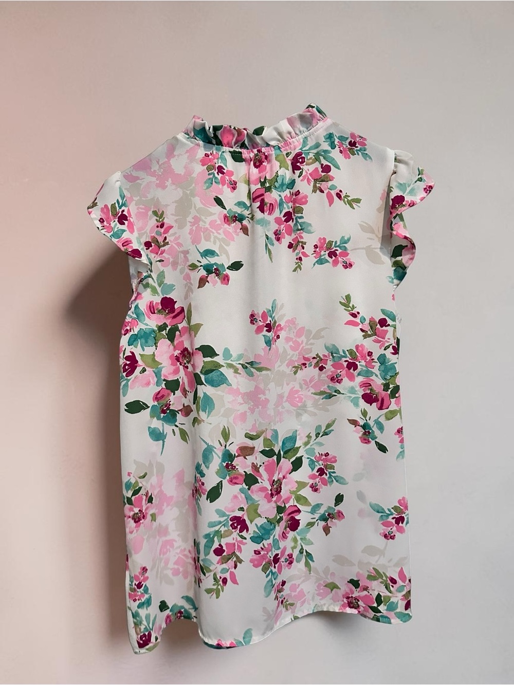 Counterparts White Pink & Green Floral Tie-Neck Cap-Sleeve Blouse - Picture 4 of 6